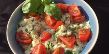 Dejlig salat med marineret mozzarella og friske tomater i kvarte