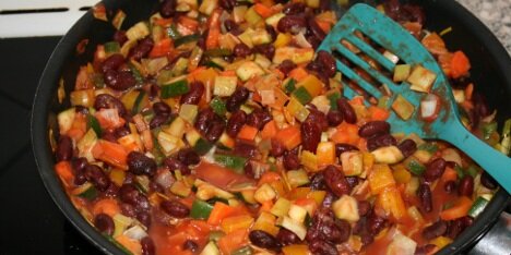 Bønnefyldet på panden.