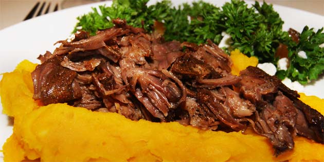 Her serveret med græskarpuré og salat.