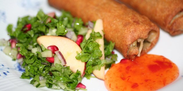 Her er salaten serveret til forårsruller og chilisauce - nem og (forholdsvis) sund mad.