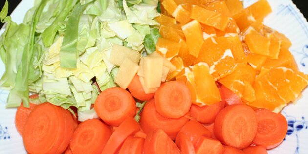 Gulerødder, kål, appelsin og ingefær er klar til at blive presset.