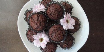 Et fad fyldt med chokolademuffins