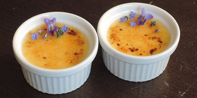 Klassisk fransk creme brulee pyntet med spiselige blomster