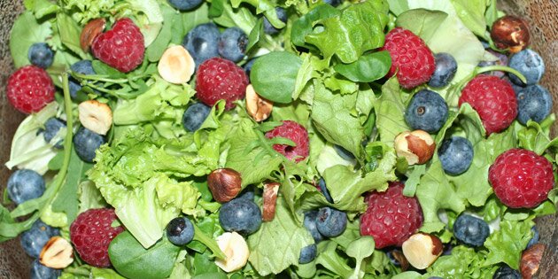 Smuk grøn salat med blåbær og friske røde hindbær