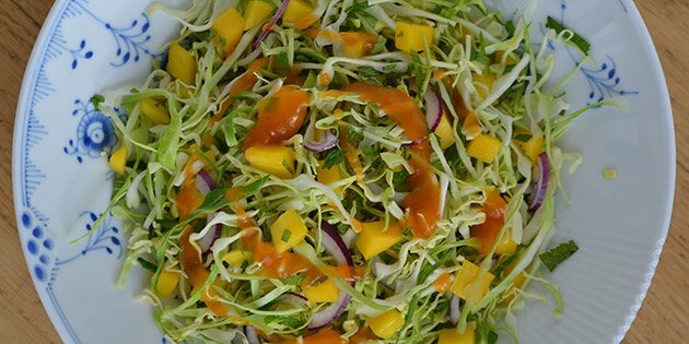 Spidskål, mango og rødløg passer rigtig godt sammen.