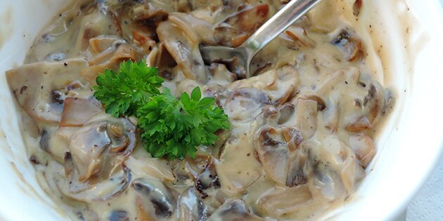 Dejlige champignon i flødesauce