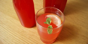 Iskold saft med en skive citron og en kvist mynte