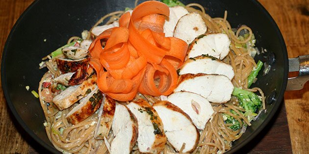Botanik Hjemløs Gennemsigtig Wok med kylling, æg og pasta