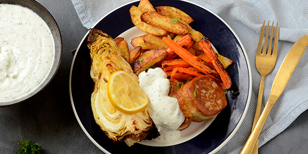 Lav gerne den sunde dressing og server til som kold sovs.