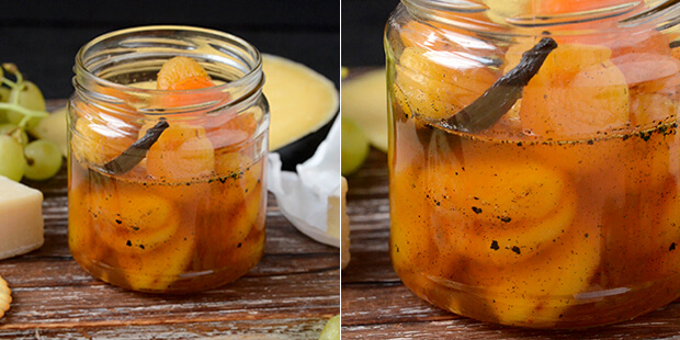 Her er syltelagen hældt over tørrede abrikoser