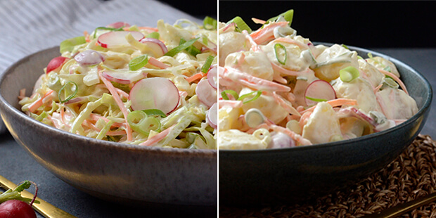 De to lækre salater, som du med fordel kan servere som tilbehør til dine pølser.