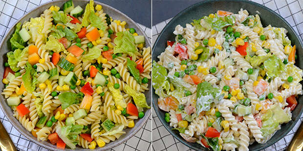 De to udgaver af den klassiske pastasalat, den ene i cremet form med creme fraiche
